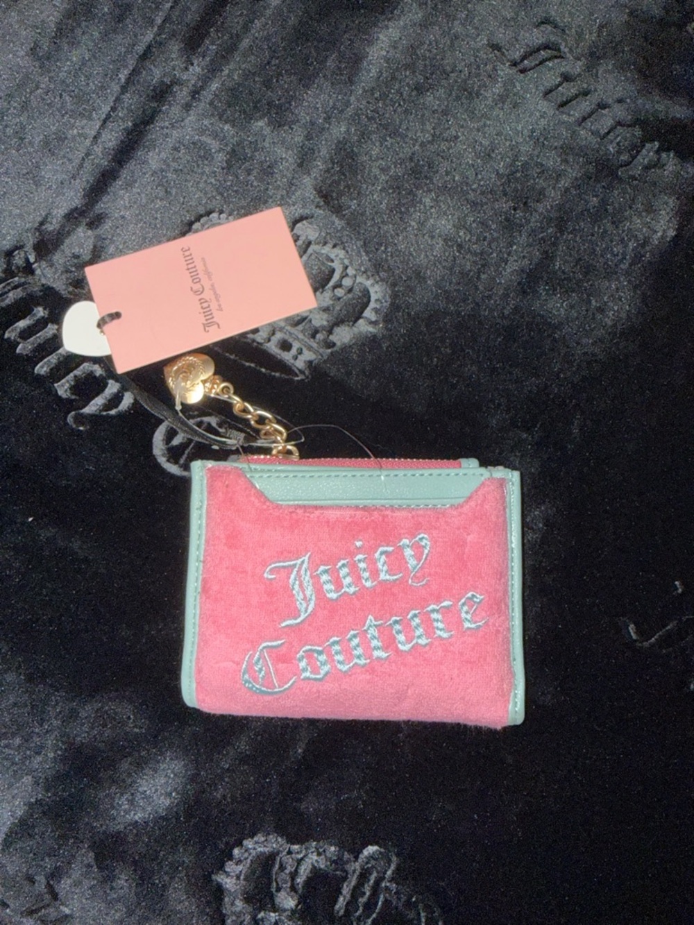Juicy Couture Pink Suede Wallet with Mint Trim and Gold Charm